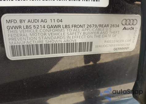 2005 Audi A6 3.2 from USA, damaged, VIN WAUDG74F65N065768